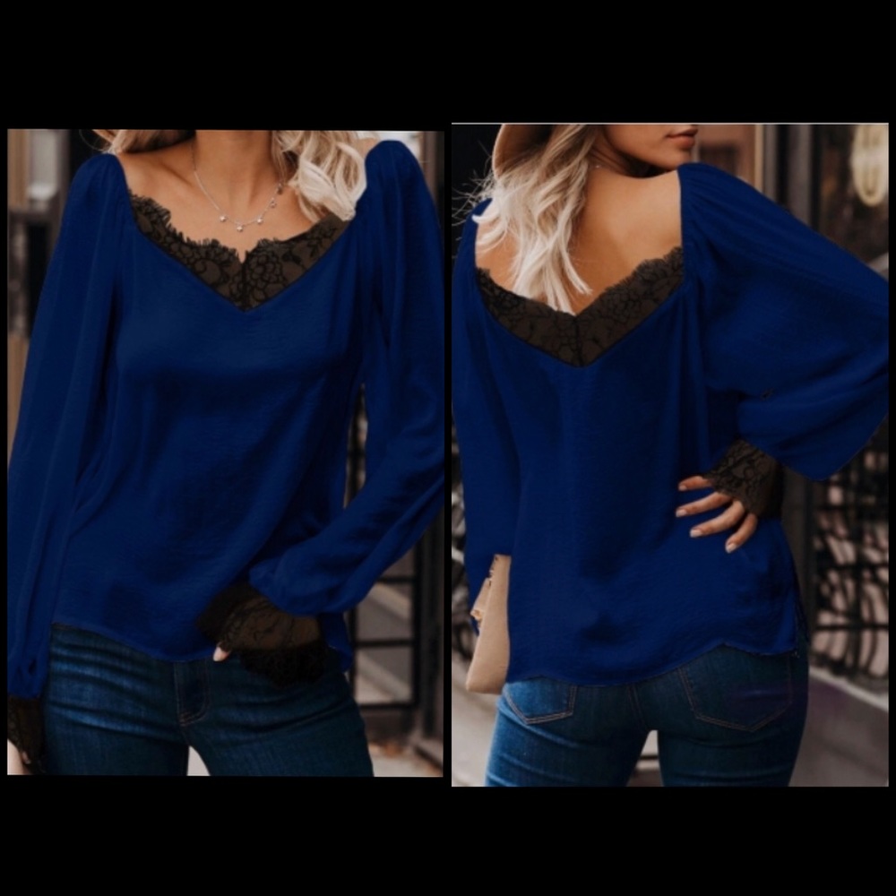 💙🎉HP🎉1 MED LEFT💙Blue Satin Lace Blouse - Picture 2 of 6